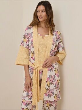 Pact Organic Cotton Floral Kimono Robe XS/S Yellow Pink Lounge Wrap Boho
